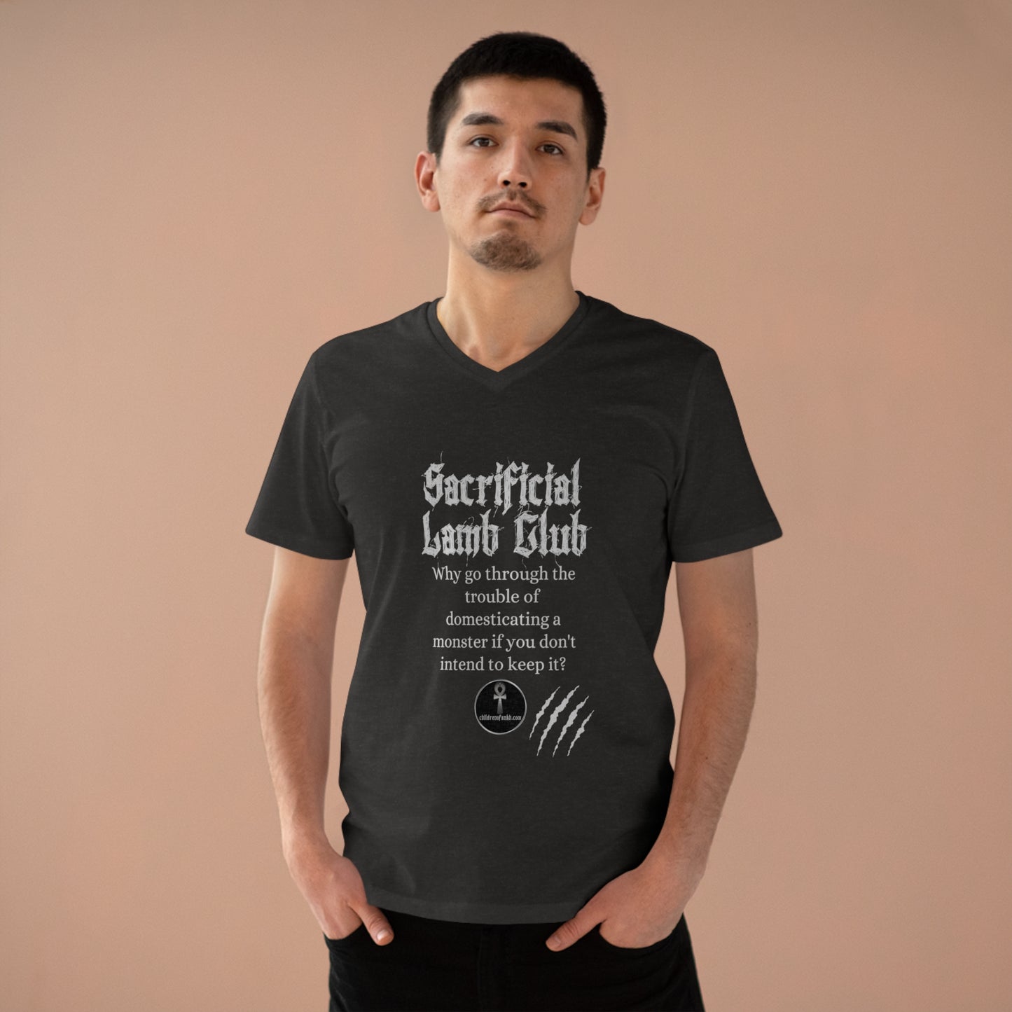 Men’s Presenter V-neck, Sacrificial Lamb Club Merch. Monster shirt with hilarious tag