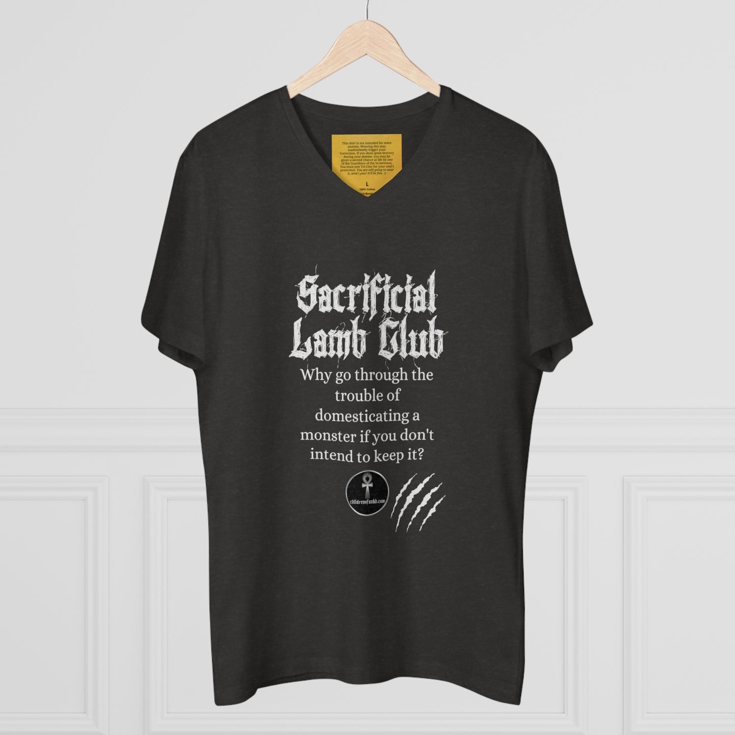 Men’s Presenter V-neck, Sacrificial Lamb Club Merch. Monster shirt with hilarious tag