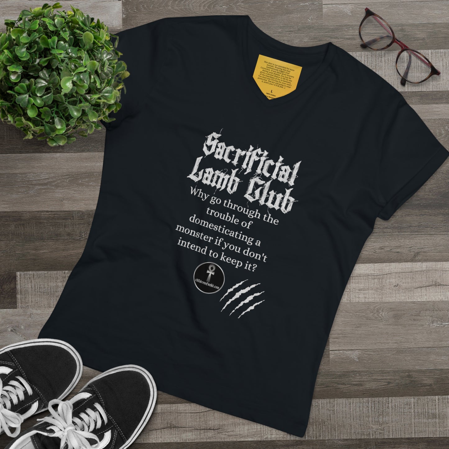 Men’s Presenter V-neck, Sacrificial Lamb Club Merch. Monster shirt with hilarious tag