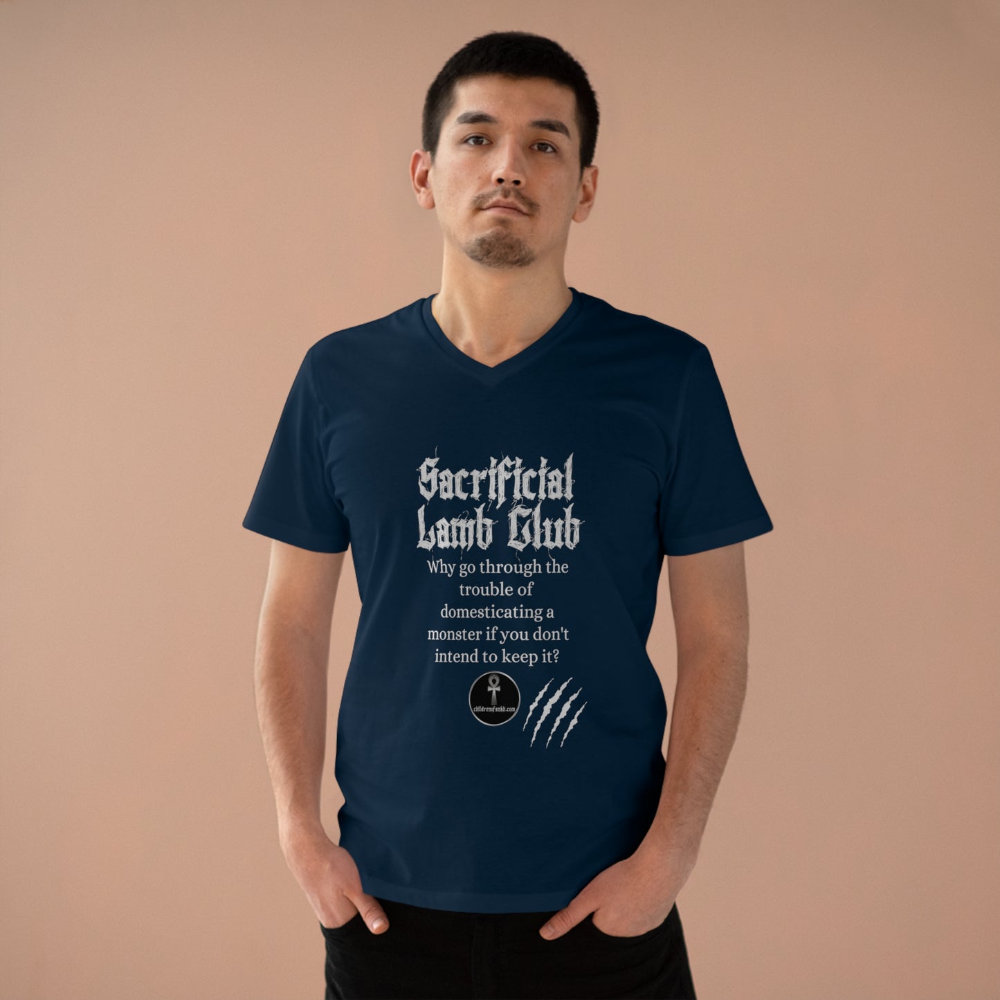 Men’s Presenter V-neck, Sacrificial Lamb Club Merch. Monster shirt with hilarious tag