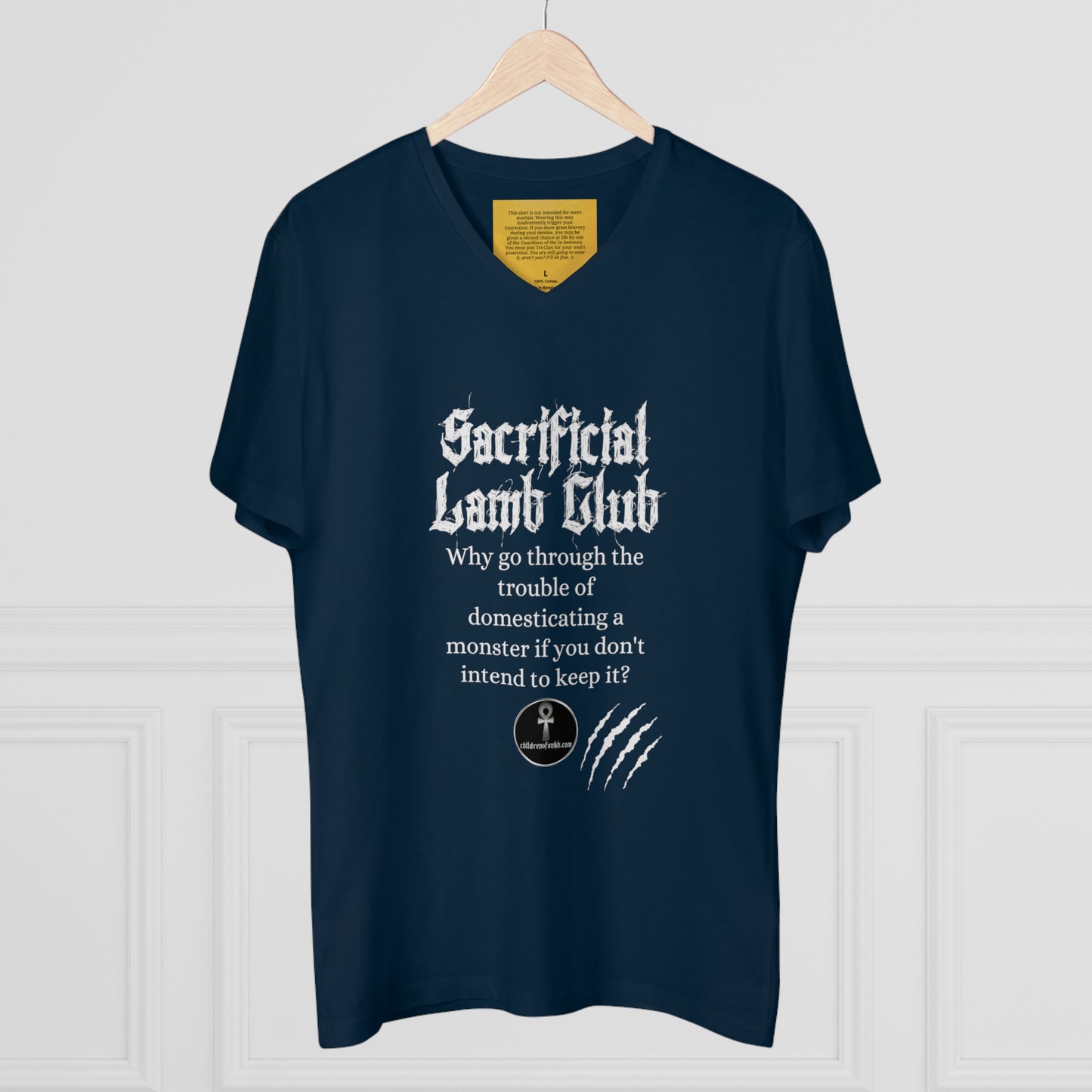 Men’s Presenter V-neck, Sacrificial Lamb Club Merch. Monster shirt with hilarious tag