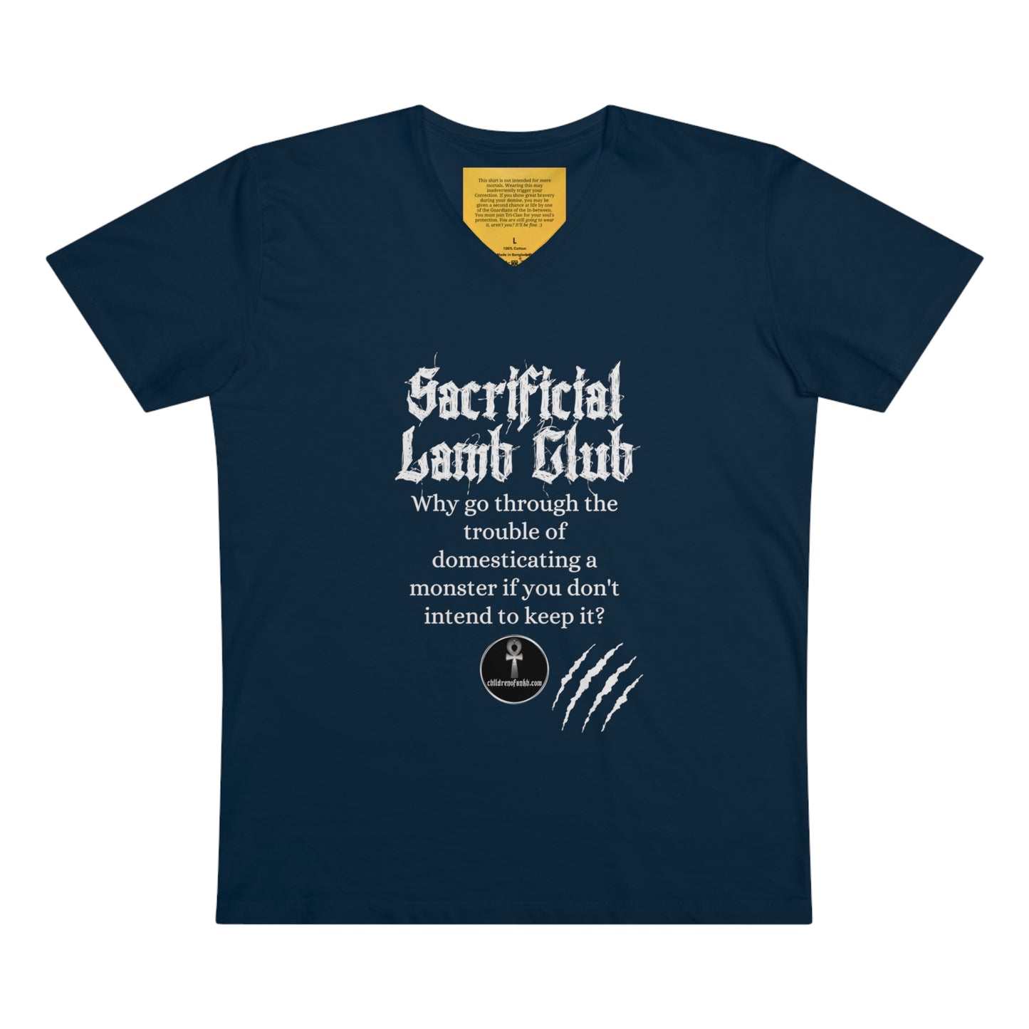 Men’s Presenter V-neck, Sacrificial Lamb Club Merch. Monster shirt with hilarious tag