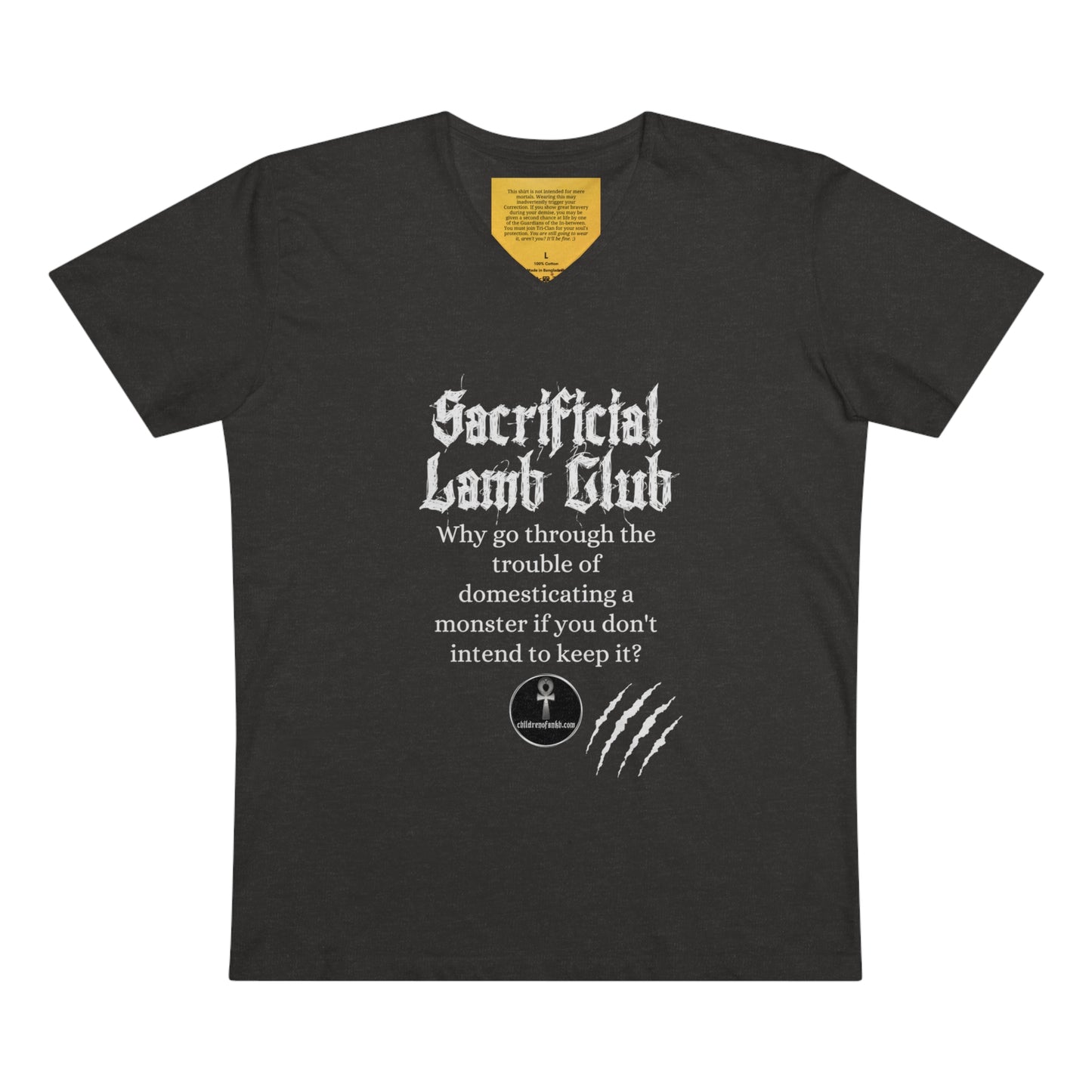 Men’s Presenter V-neck, Sacrificial Lamb Club Merch. Monster shirt with hilarious tag