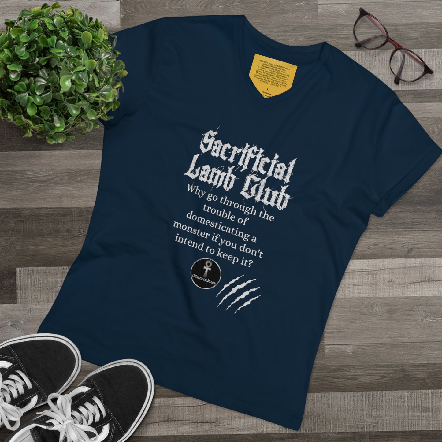 Men’s Presenter V-neck, Sacrificial Lamb Club Merch. Monster shirt with hilarious tag