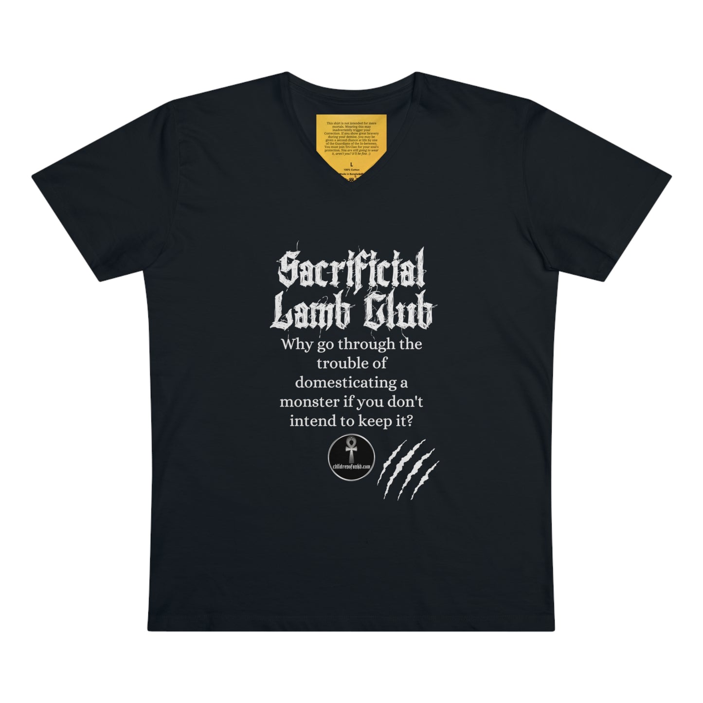 Men’s Presenter V-neck, Sacrificial Lamb Club Merch. Monster shirt with hilarious tag