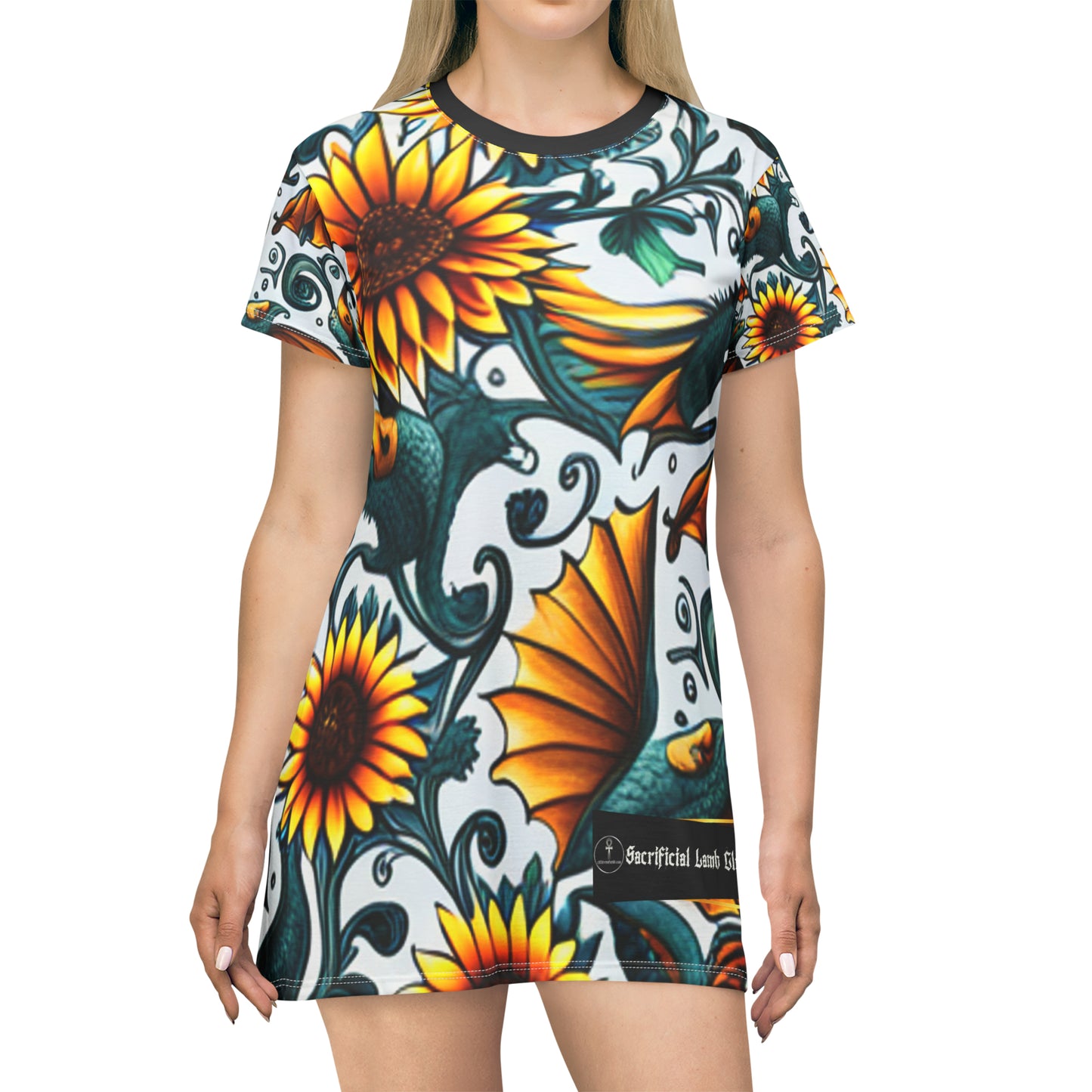 T-Shirt Dress (AOP) Sacrificial Lamb Club Merch, COA Series.