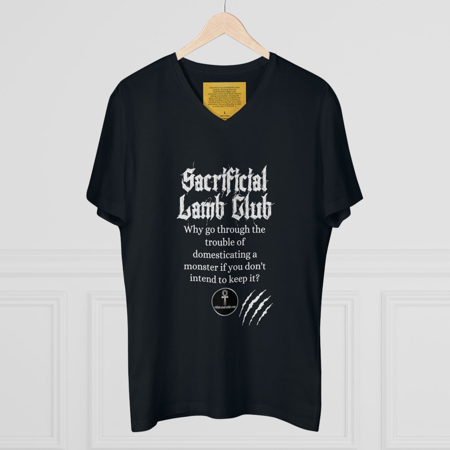 Men’s Presenter V-neck, Sacrificial Lamb Club Merch. Monster shirt with hilarious tag