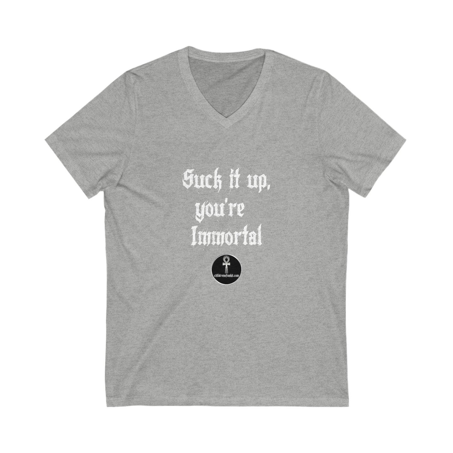 Unisex Jersey Short Sleeve V-Neck Tee COA Universe,  Suck it up You're immortal on the front. Tragic Fools on the back